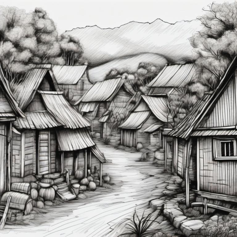 Sketch,Sketch, Village, village, monochrome, greyscale, no humans, scenery, tree, traditional media