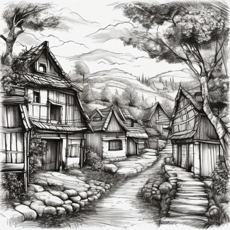 Sketch,Sketch, Village, village, no humans, monochrome, greyscale, tree, scenery, traditional media, house