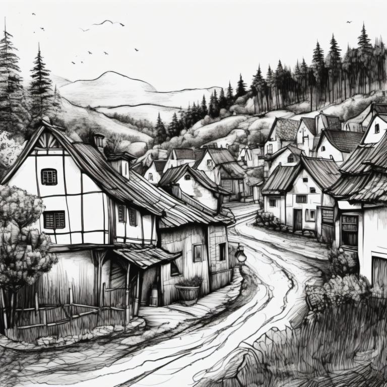 Sketch,Sketch, Village, village, monochrome, greyscale, scenery, house, no humans, tree, forest, nature