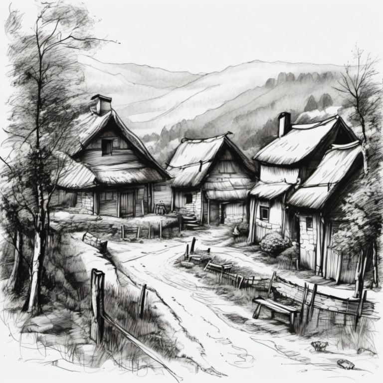 Sketch,Sketch, Village, village, monochrome, greyscale, no humans, tree, scenery, house, traditional media