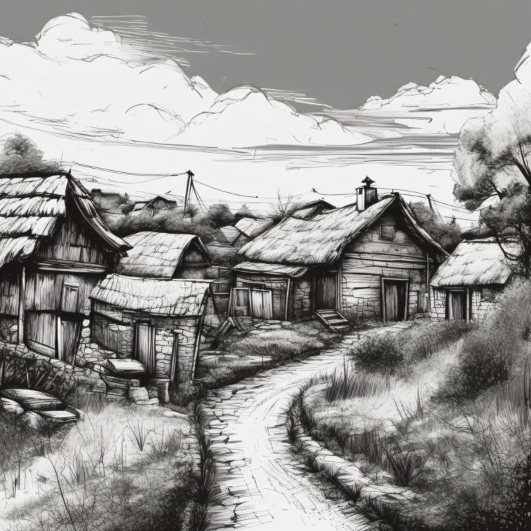 Sketch,Sketch, Village, village, monochrome, greyscale, scenery, no humans, cloud, tree, outdoors, sky, house