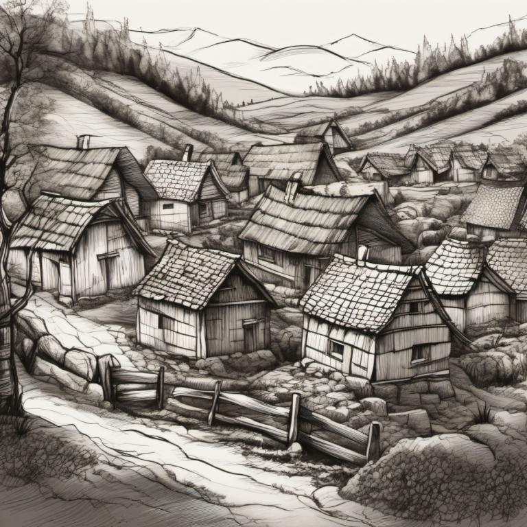 Sketch,Sketch, Village, village, no humans, monochrome, scenery, greyscale, traditional media, tree, house