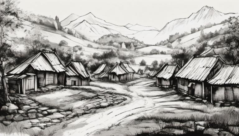 Sketch,Sketch, Village, village, no humans, monochrome, greyscale, scenery, traditional media, tree