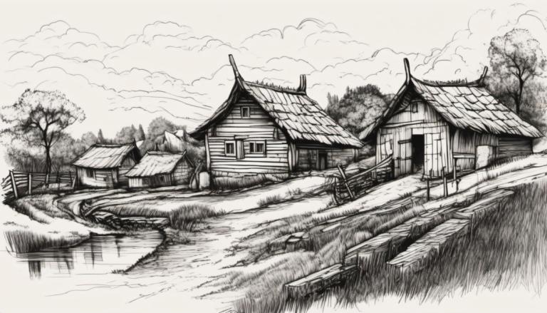 Sketch,Sketch, Village, village, monochrome, greyscale, tree, scenery, house, no humans, cloud