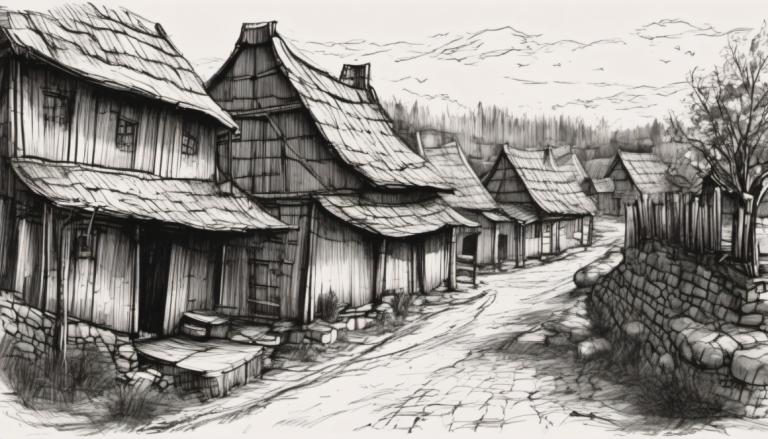 Sketch,Sketch, Village, village, monochrome, no humans, greyscale, scenery, tree, architecture