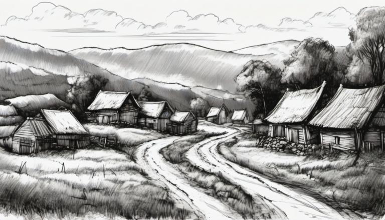 Sketch,Sketch, Village, village, monochrome, no humans, greyscale, scenery, house, tree, outdoors