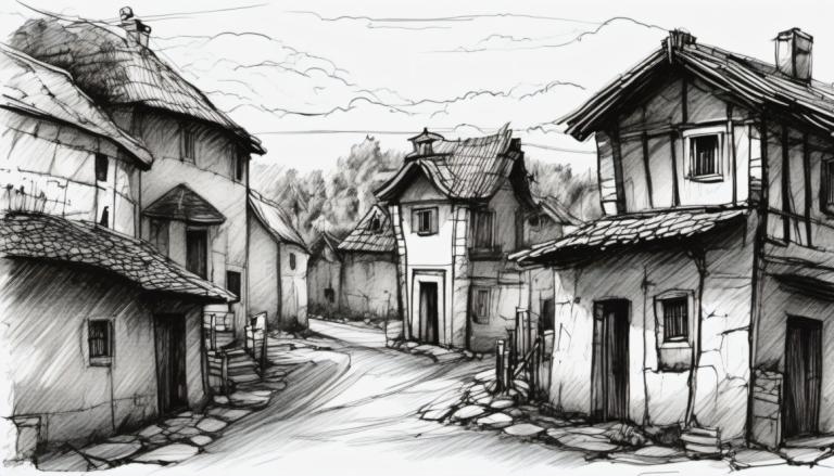 Sketch,Sketch, Village, village, no humans, monochrome, greyscale, scenery, house, cloud, sky, outdoors