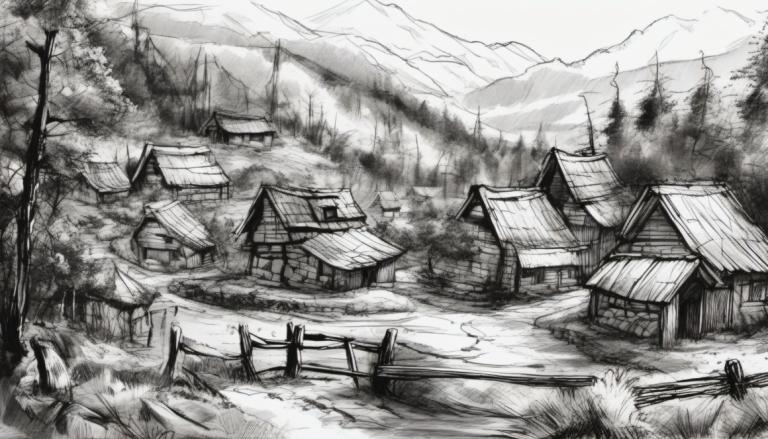 Sketch,Sketch, Village, village, monochrome, no humans, greyscale, scenery, tree, mountain, architecture