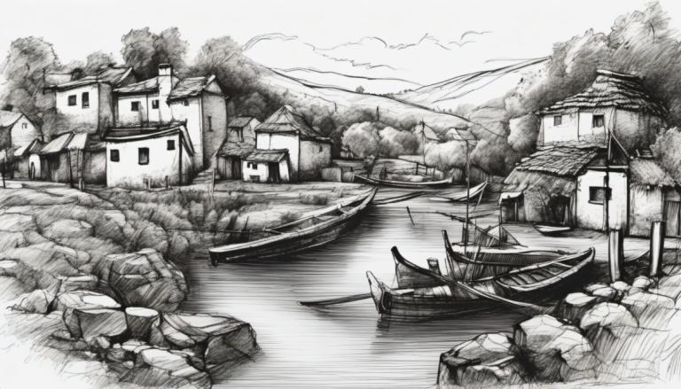 Sketch,Sketch, Village, village, monochrome, no humans, greyscale, watercraft, scenery, house, boat, outdoors