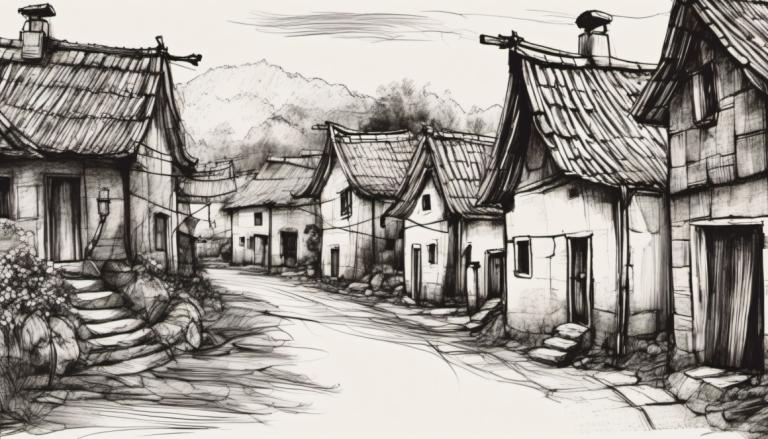 Schetsen,Schetsen, Dorp, dorp, geen mensen, monochroom, grijstinten, landschap, traditionele media