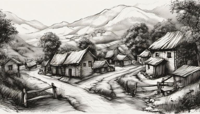 Sketch,Sketch, Village, village, monochrome, scenery, greyscale, no humans, tree, mountain, traditional media