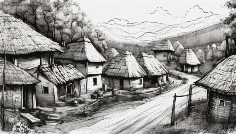 Sketch,Sketch, Village, village, monochrome, greyscale, no humans, scenery, house, tree, outdoors