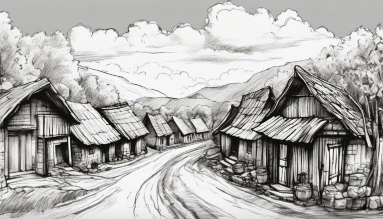 Sketch,Sketch, Village, village, monochrome, greyscale, no humans, scenery, tree, cloud, house, sky, outdoors