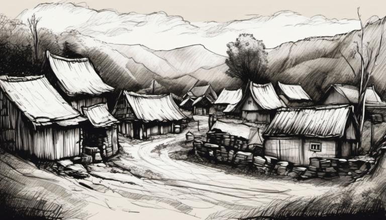 Sketch,Sketch, Village, village, monochrome, scenery, no humans, tree, mountain, outdoors, house