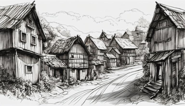 Sketch,Sketch, Village, village, monochrome, greyscale, no humans, house, scenery, cloud, sky, tree, outdoors