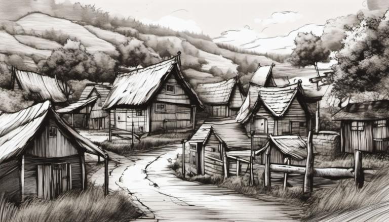 Sketch,Sketch, Village, village, no humans, monochrome, scenery, house, greyscale, outdoors, tree, grass