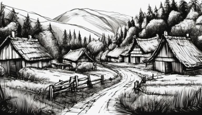 Sketch,Sketch, Village, village, monochrome, greyscale, scenery, tree, house, no humans, outdoors, grass