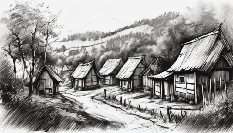 Sketch,Sketch, Village, village, no humans, monochrome, greyscale, tree, scenery, house, grass, outdoors