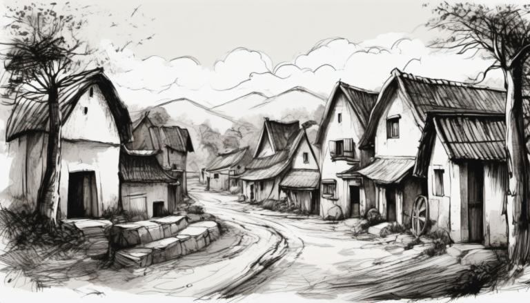 Sketch,Sketch, Village, village, monochrome, tree, house, no humans, greyscale, scenery, cloud, outdoors, sky