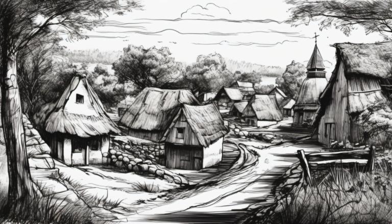 Sketch,Sketch, Village, village, monochrome, no humans, greyscale, scenery, tree, house, outdoors, grass