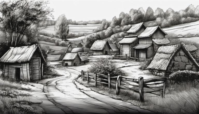 Sketch,Sketch, Village, village, monochrome, greyscale, no humans, tree, scenery, house, outdoors, grass