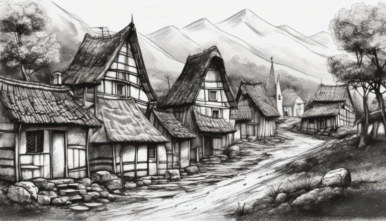 Sketch,Sketch, Village, village, no humans, monochrome, greyscale, scenery, tree, house, traditional media