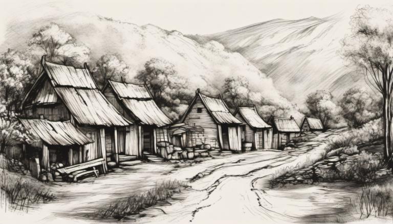 Sketch,Sketch, Village, village, monochrome, no humans, scenery, greyscale, tree, traditional media, house