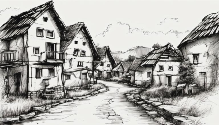 Sketch,Sketch, Village, village, no humans, monochrome, greyscale, house, scenery, outdoors, grass