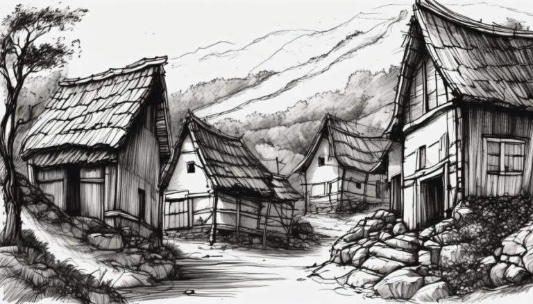 Croquis,Croquis, Village, village, pas d'humains, monochrome, maison, niveaux de gris, paysage, arbre