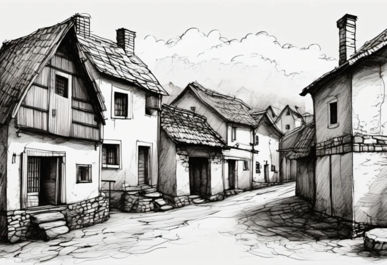 Sketch,Sketch, Village, village, no humans, monochrome, greyscale, scenery, cloud, house, building, sky