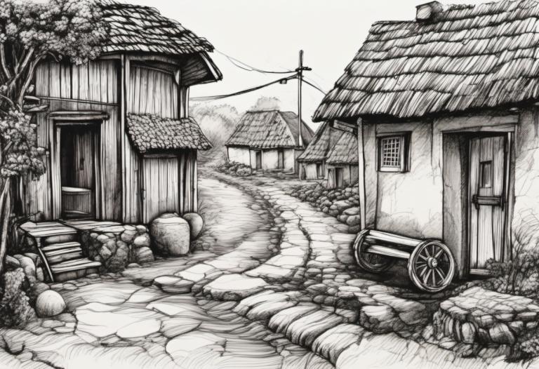 Croquis,Croquis, Village, village, pas d'humains, monochrome, paysage, maison, niveaux de gris, en plein air