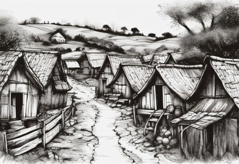 Croquis,Croquis, Village, village, monochrome, paysage, niveaux de gris, pas d'humains, maison, arbre