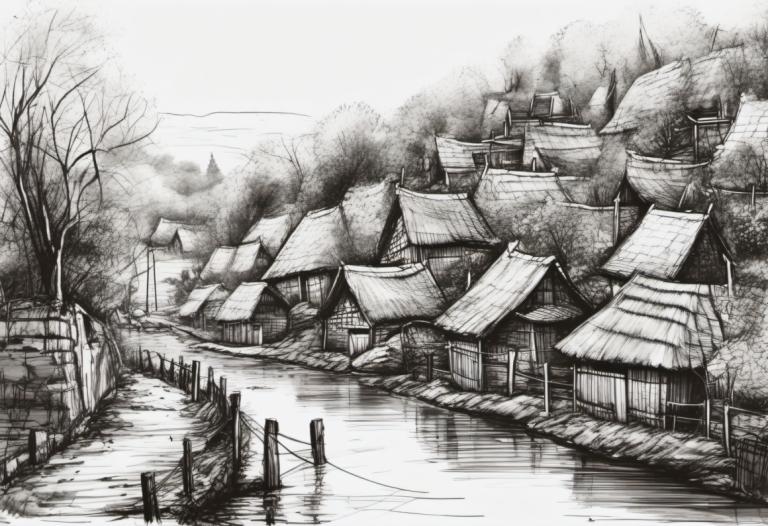 Croquis,Croquis, Village, village, monochrome, pas d'humains, arbre, paysage, niveaux de gris