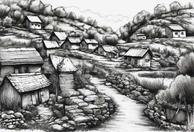 Sketch,Sketch, Village, village, no humans, monochrome, scenery, greyscale, tree, house, traditional media