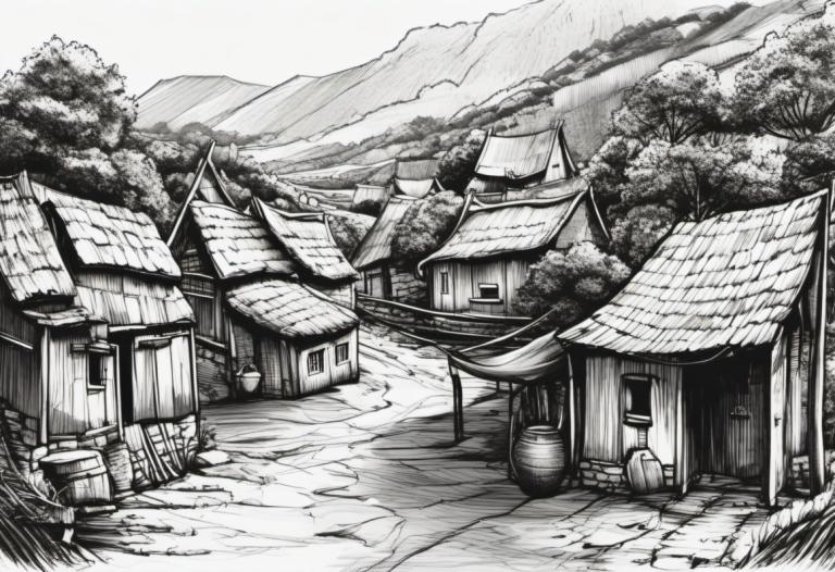 Sketch,Sketch, Village, village, greyscale, monochrome, no humans, scenery, east asian architecture, tree