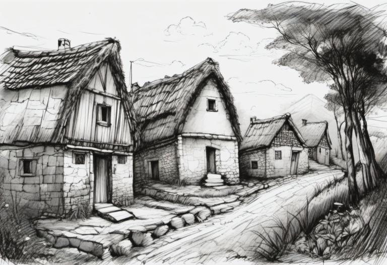 Sketch,Sketch, Village, village, no humans, monochrome, greyscale, tree, house, scenery, outdoors, grass