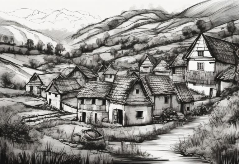 Sketch,Sketch, Village, village, monochrome, no humans, scenery, greyscale, house, grass, tree