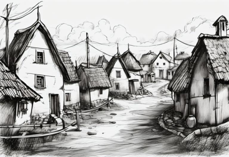 Sketch,Sketch, Village, village, monochrome, greyscale, house, no humans, scenery, cloud, sky, outdoors