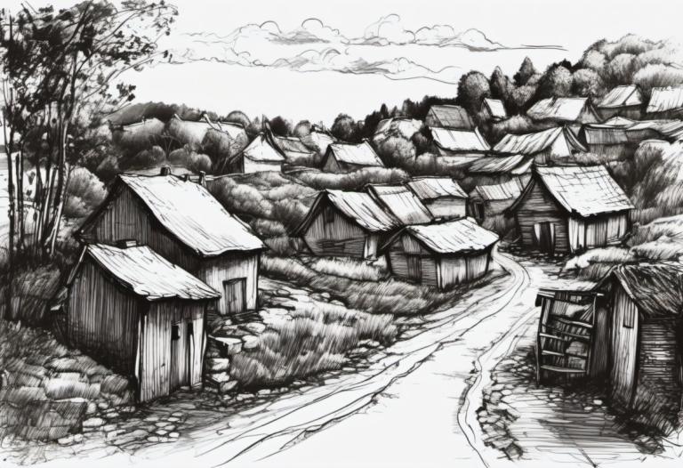 Sketch,Sketch, Village, village, monochrome, no humans, greyscale, tree, scenery, traditional media, cloud