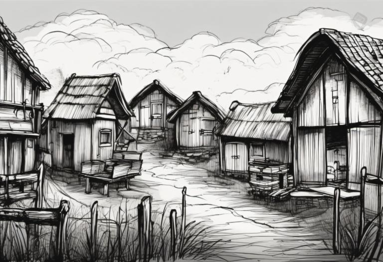 Croquis,Croquis, Village, village, monochrome, niveaux de gris, pas d'humains, herbe, nuage, paysage, maison