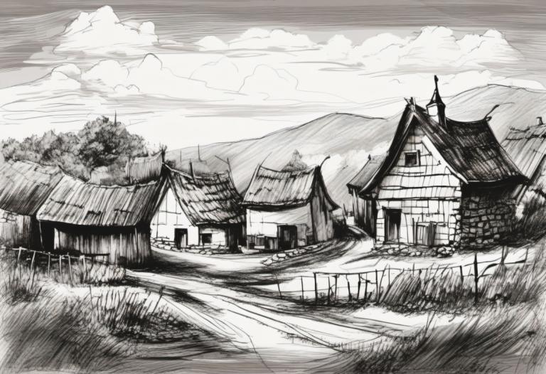 Croquis,Croquis, Village, village, pas d'humains, monochrome, niveaux de gris, paysage, nuage, en plein air