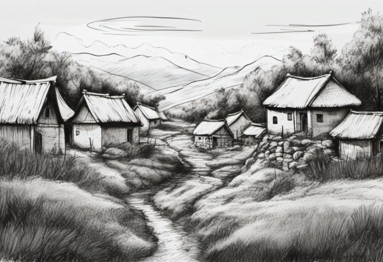 Croquis,Croquis, Village, village, pas d'humains, monochrome, niveaux de gris, paysage, maison