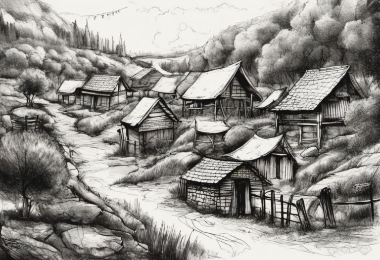 Croquis,Croquis, Village, village, pas d'humains, monochrome, paysage, niveaux de gris