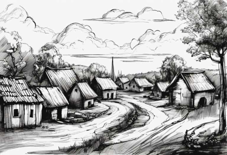 Sketch,Sketch, Village, village, monochrome, greyscale, tree, no humans, scenery, house, cloud, outdoors, sky