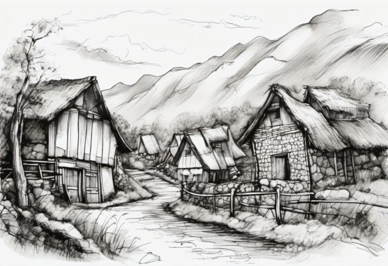 Sketch,Sketch, Village, village, no humans, monochrome, greyscale, house, scenery, tree, traditional media