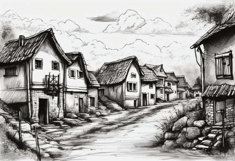 Sketch,Sketch, Village, village, monochrome, greyscale, no humans, house, scenery, cloud, sky, outdoors