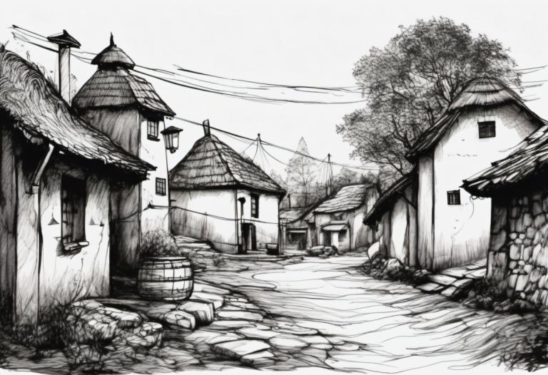 Sketch,Sketch, Village, village, no humans, monochrome, house, greyscale, scenery, tree, outdoors, town