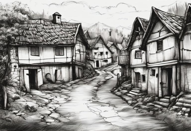 Sketch,Sketch, Village, village, no humans, monochrome, greyscale, scenery, house, outdoors, tree, cloud, sky