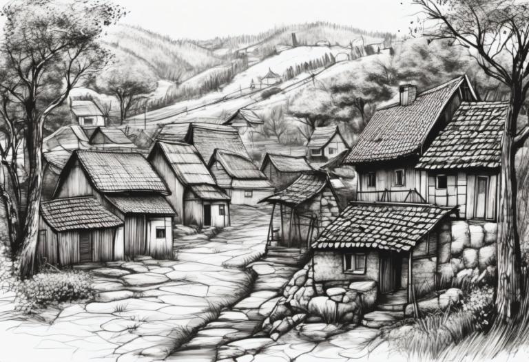 Sketch,Sketch, Village, village, no humans, monochrome, tree, scenery, greyscale, traditional media, house