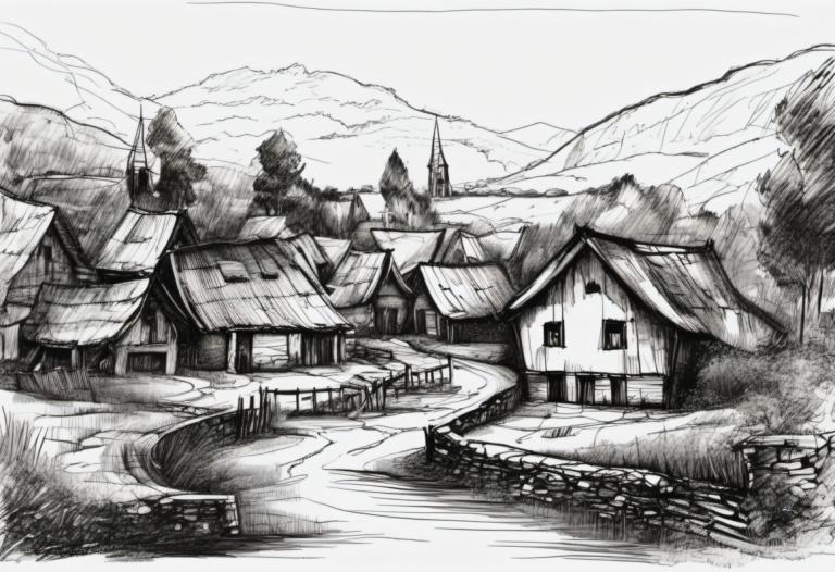 Sketch,Sketch, Village, village, monochrome, greyscale, no humans, scenery, house, traditional media